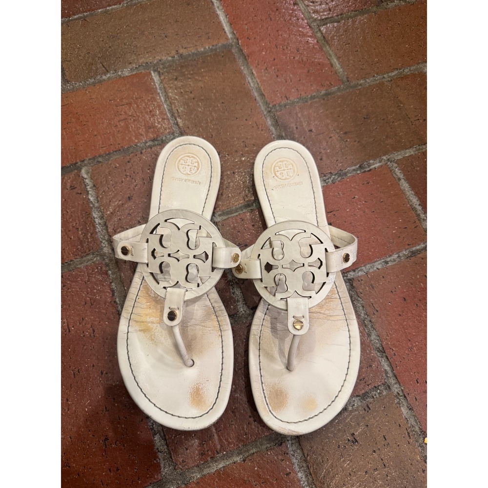 Tory Burch Miller White Leather Logo Thong Sandals 5930‎ K19 10M